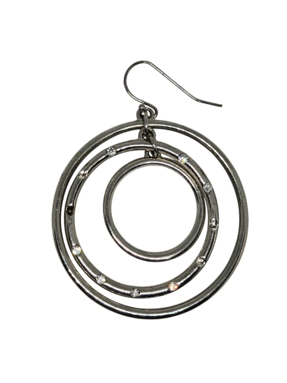 Vintage Silver Tone Triple Circle Hoop Dangle Earrings Rhinestone Accents - Picture 7 of 8